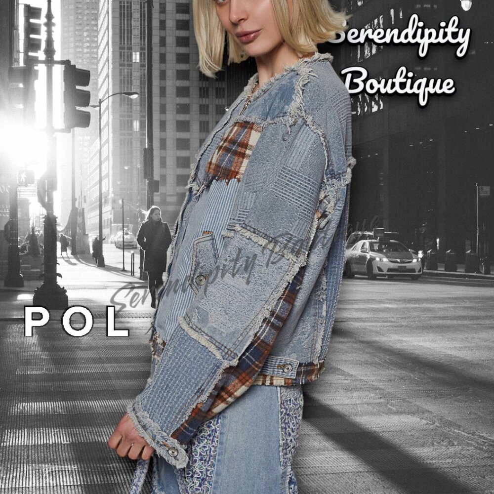 POL Distressed Grunge Denim Flanel Plaid Patch Zipper Front Street Jean Jacket - Picture 2 of 11
